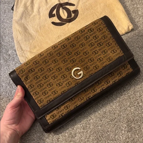 🐿️ Vintage 1980s Gucci GG Monogram Canvas Clutch Shoulder Bag Brown Leather Trim - Picture 3 of 15